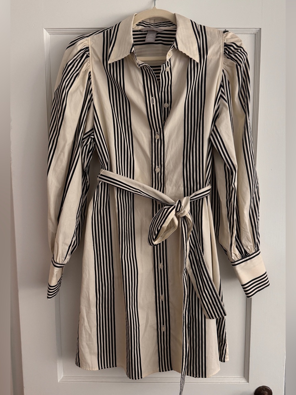 Button-Front Cream and Black Striped Shirt Dress with Waist Tie